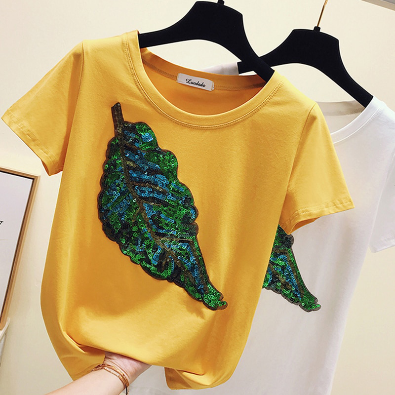 shintimes Sequined Women T Shirt Tops Summer Short Sleeve 2019