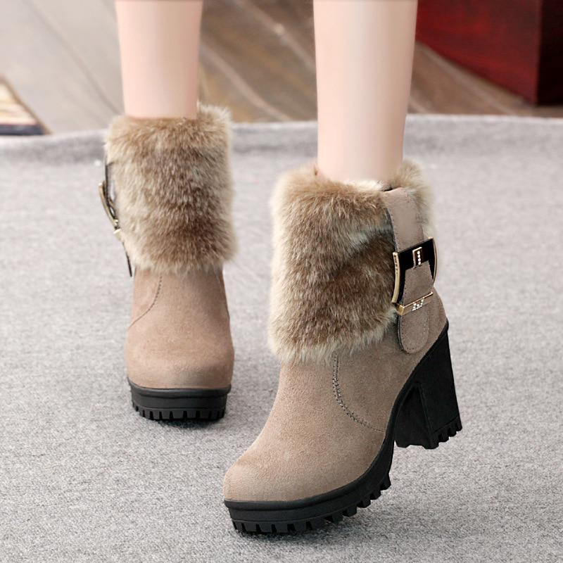 Square heel women winter shoes classic buckle warm fur snow ladies boots