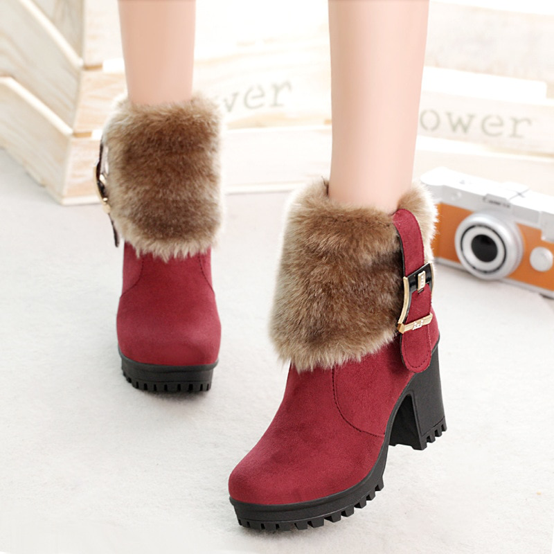 Square heel women winter shoes classic buckle warm fur snow ladies boots