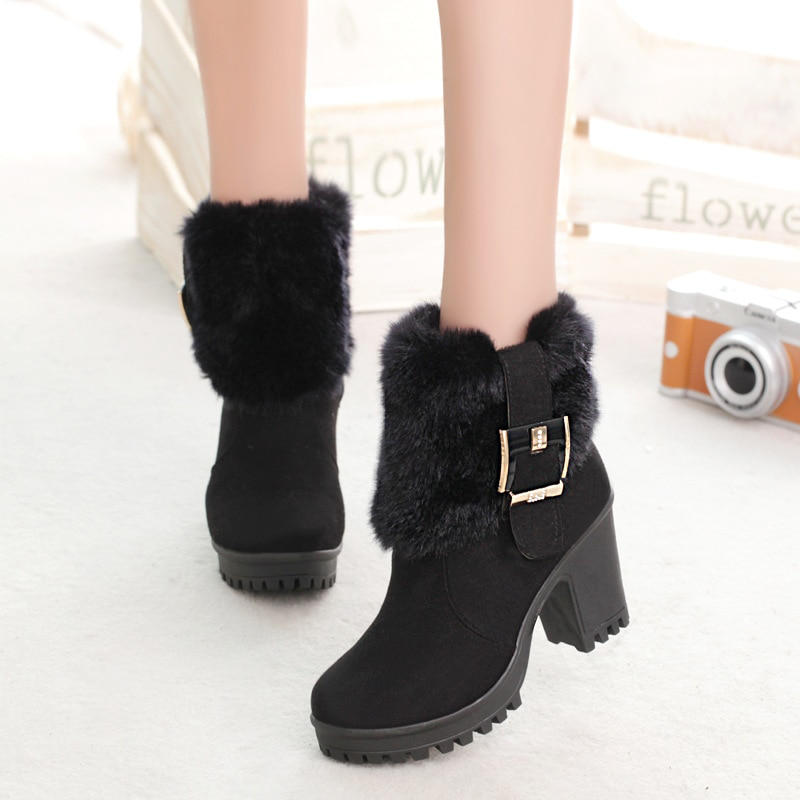 Square heel women winter shoes classic buckle warm fur snow ladies boots