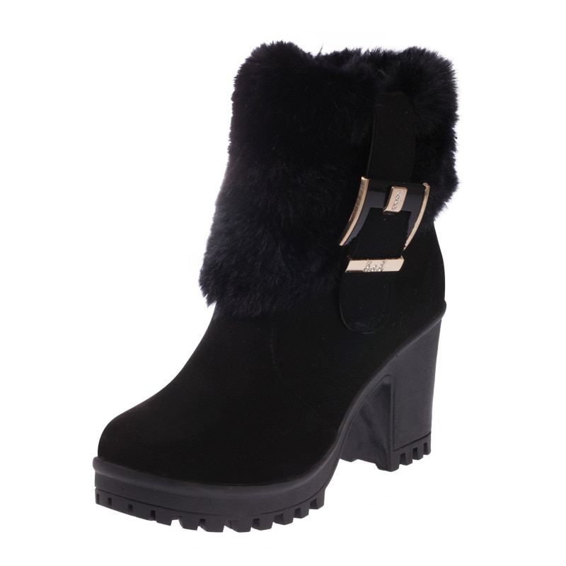 Square heel women winter shoes classic buckle warm fur snow ladies boots