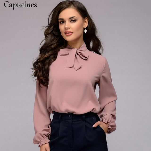 Capucines Elegant Bow Tie Women Shirt Spring Autumn Ladies