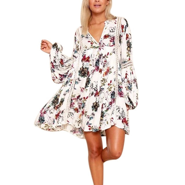 Fashion Women'S Casual Loose Dress Deep V Neck Lantern Long Sleeve Boho Floral Print Mini Sexy Dress Clothing