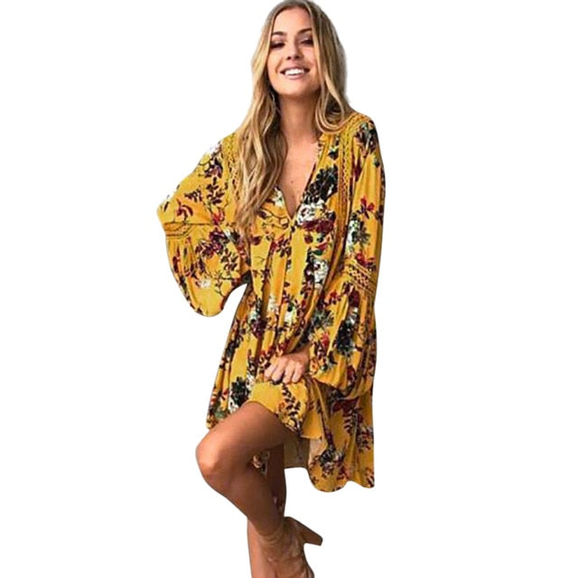 Fashion Women'S Casual Loose Dress Deep V Neck Lantern Long Sleeve Boho Floral Print Mini Sexy Dress Clothing