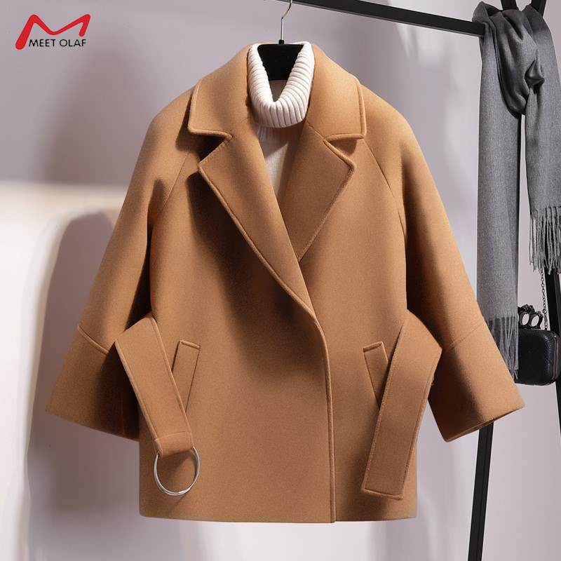 2019 Autumn Winter Women Short Woolen Coat New Fashion Cape Coat Female Belt Jacket Black Khaki Apricot Plus Size CA3498