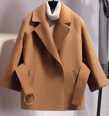 2019 Autumn Winter Women Short Woolen Coat New Fashion Cape Coat Female Belt Jacket Black Khaki Apricot Plus Size CA3498