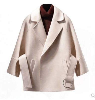 2019 Autumn Winter Women Short Woolen Coat New Fashion Cape Coat Female Belt Jacket Black Khaki Apricot Plus Size CA3498