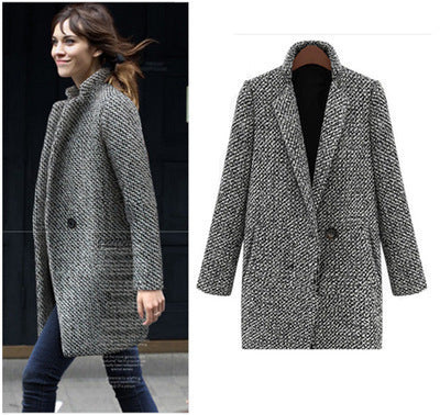 Plus Size S-4xl Woman Plaid Wool Blend Cape Coat Grey Tweed Long Sleeve Single Button Wool Overcoat Trench Coat Jacket Abrigos