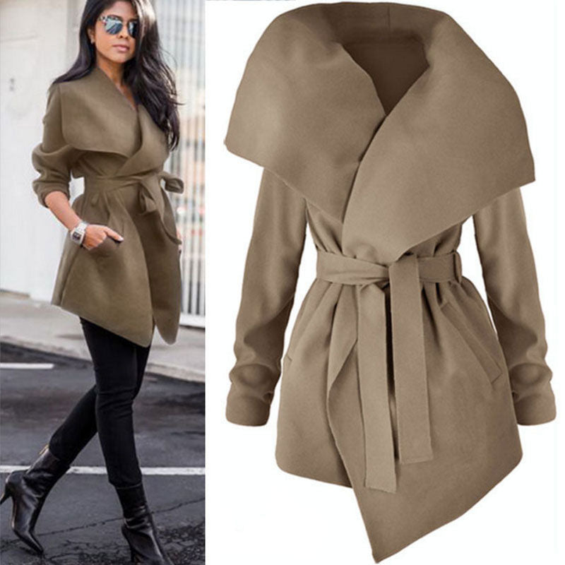Winter Coats Women Autumn Woolen Blend Fashion Lapel Jackets Sexy V Neck Belt Lace-up Solid Casual Slim Overcoats Female Outer