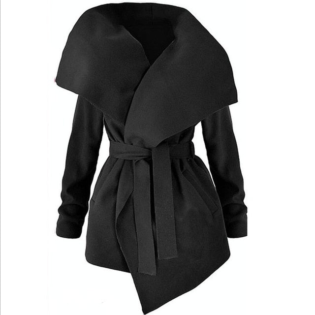 Winter Coats Women Autumn Woolen Blend Fashion Lapel Jackets Sexy V Neck Belt Lace-up Solid Casual Slim Overcoats Female Outer