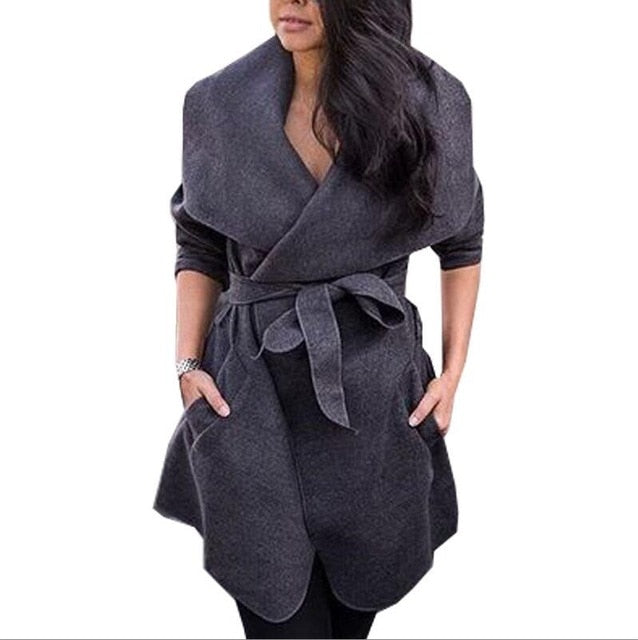 Winter Coats Women Autumn Woolen Blend Fashion Lapel Jackets Sexy V Neck Belt Lace-up Solid Casual Slim Overcoats Female Outer