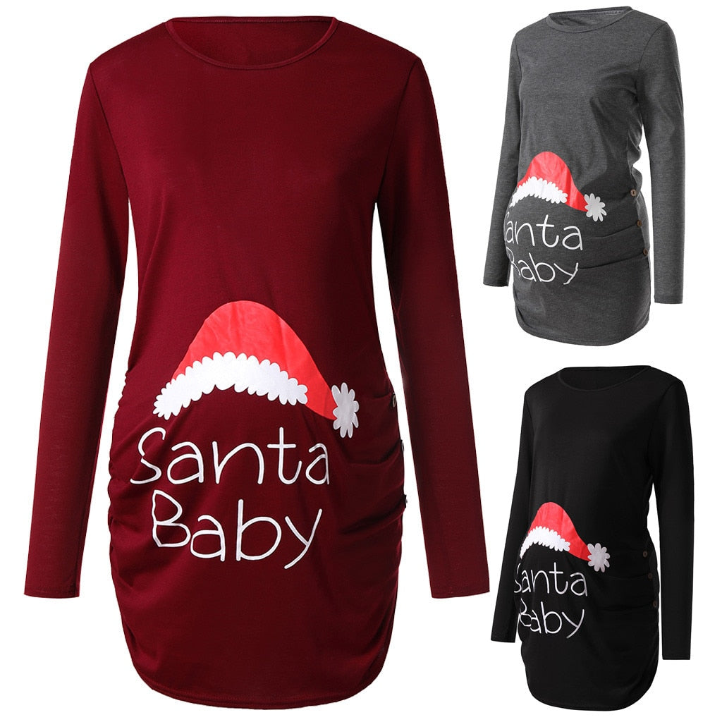 Clothes Pregnancy Cotton Maternity Clothes Women's Print Christmas Side Ruched Long Sleeve Maternity Top Pregnancy Clothes