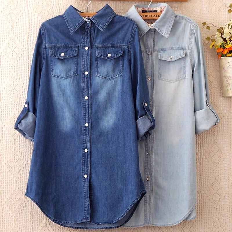 new spring/autumn women's clothing cotton shirts denim shirts  cowboy shirts maternity clothing washed blouses s-3xl size blue