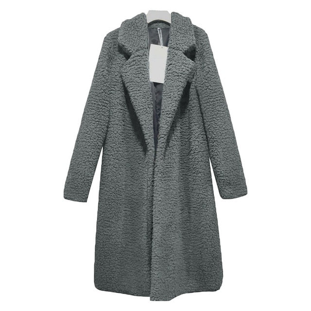 Long Coats Fleece Jackets Winter Warm Teddy Coat Cardigan Office Lady Sexy Women Wool Blends Full Tops Overcoats Plus Size