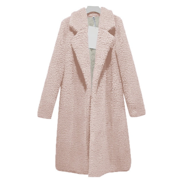 Long Coats Fleece Jackets Winter Warm Teddy Coat Cardigan Office Lady Sexy Women Wool Blends Full Tops Overcoats Plus Size